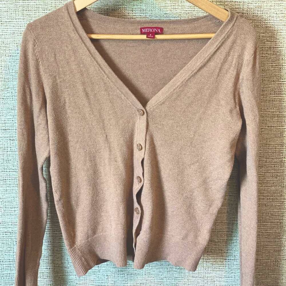 Small, tan, cardigan